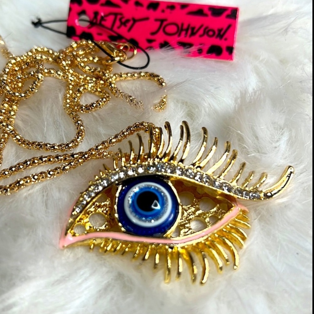 NWT Betsey Johnson Evil Blue Eye Necklace, Rhinestones & Gold Chain, Turkish